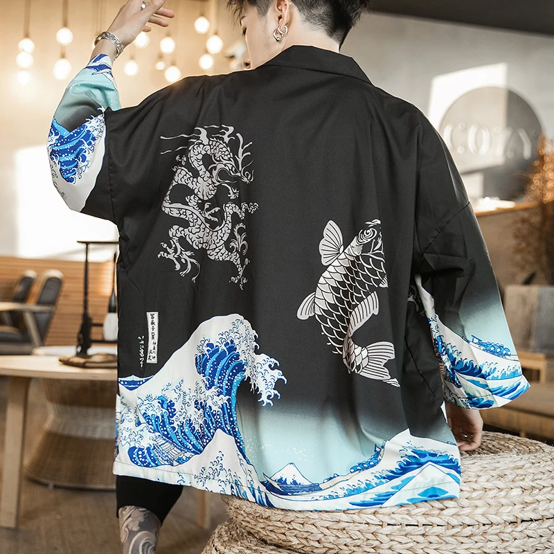 2019 летний солнцезащитный дышащий мужской Harajuku японский Koi куртки типа кимоно
