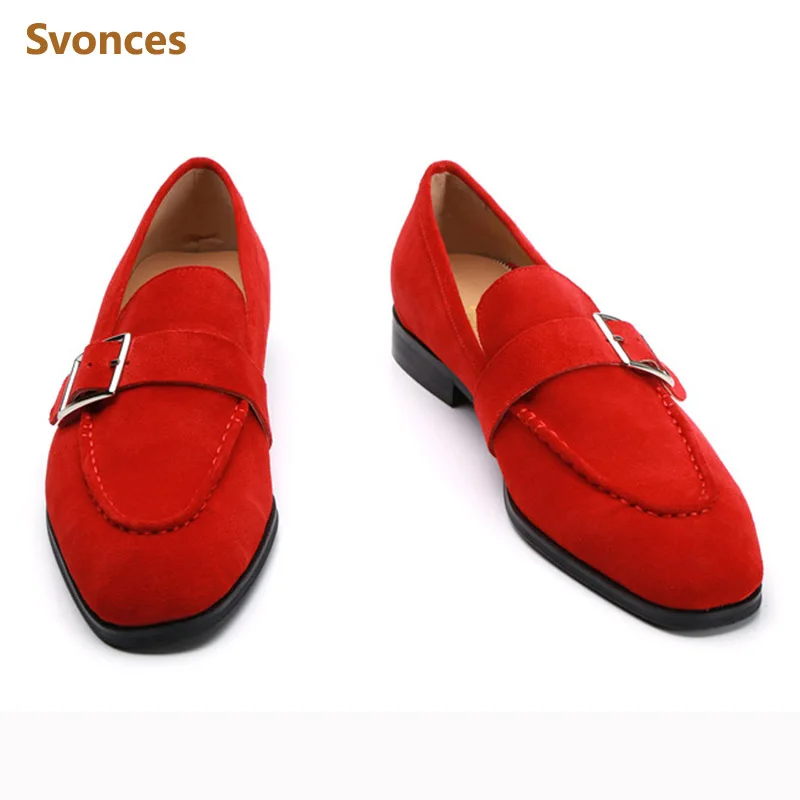Red Suede Flat Bottom Fashion Casual Shoes Man Solid Low Heels Metal