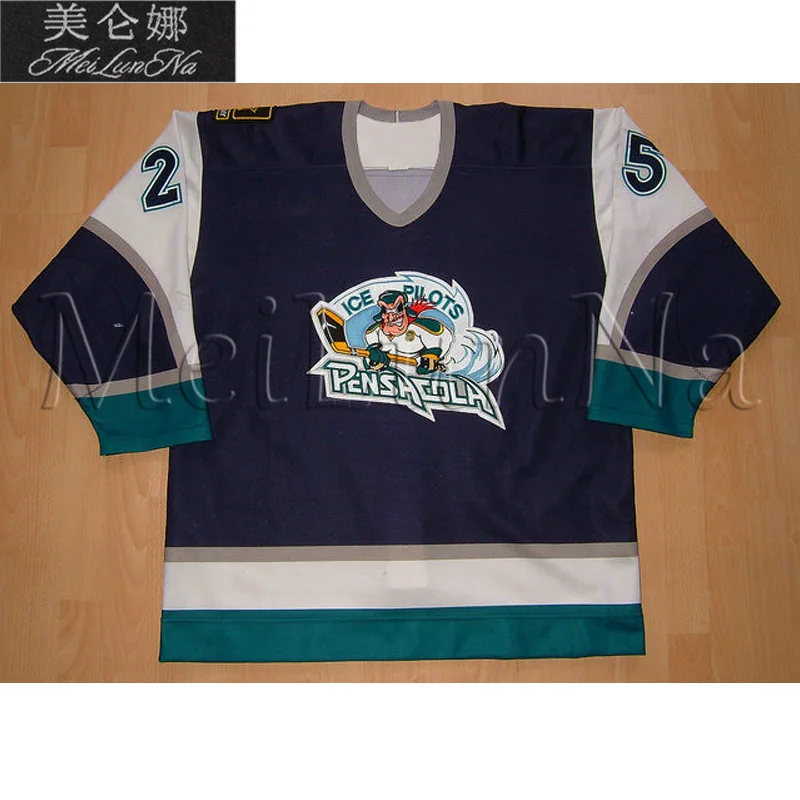 

MeiLunNa Customize ECHL Pensacola Ice Pilots Hockey Jerseys Home Road White Navy Blue Sewn On Any Name NO. Size