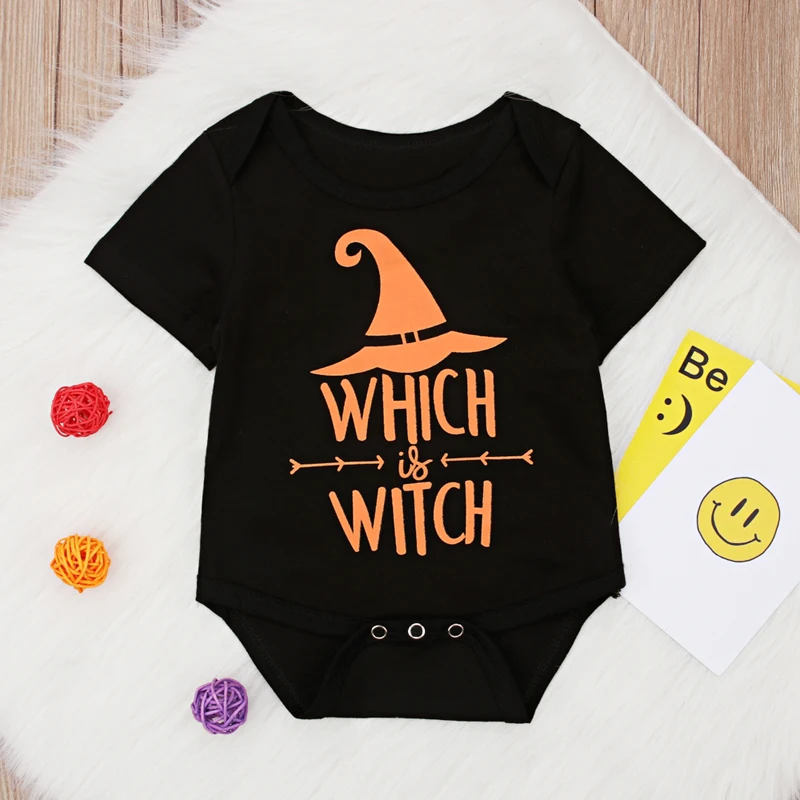 2018 New Arrival Halloween Witch Printed Black Cotton Bodysuit Jumpsuit Baby Boy Girls Costume 4-24 Months