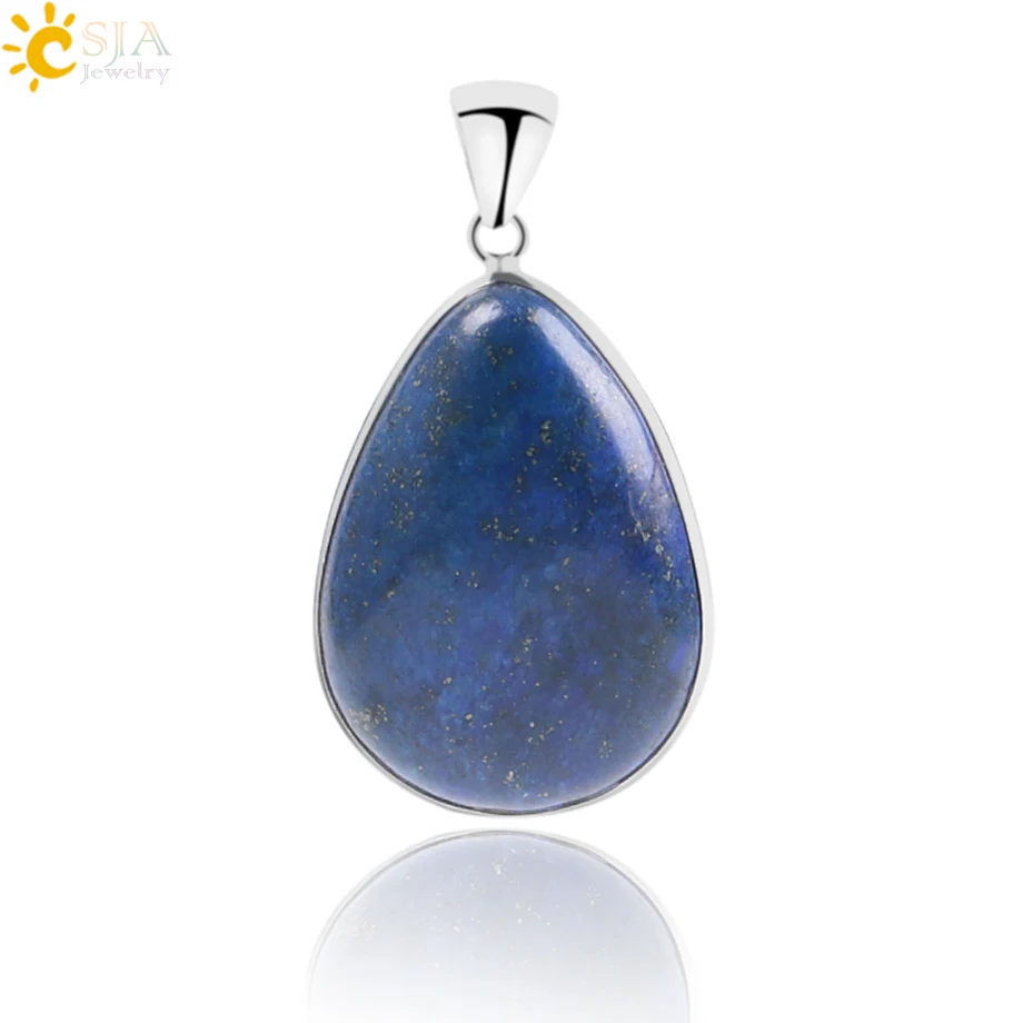 

CSJA Reiki Healing Natural Gem Stone Water Drop Necklaces & Pendants Teardrop Lapis Lazuli Blue Beads for Men Femme Jewelry F052