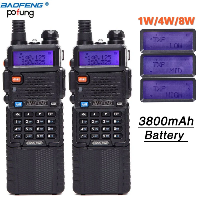 2 шт Baofeng UV-5R 8 W высокой мощности 10 км Диапазона uhf/vhf рация 3800 mAh Батарея обновления 8 Вт UV5R КВ трансивер