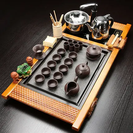 

Wujin Stone Tea Tray Solid Wood Tea Table Kung Fu tea set Teapot Teacups Four in one induction cooker one complete set
