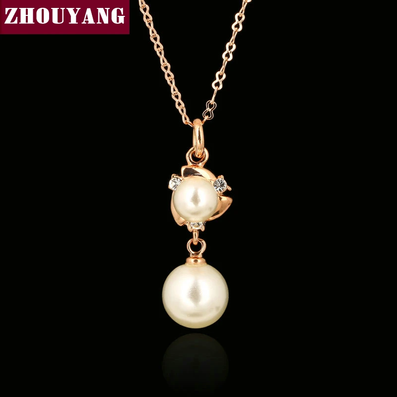 

ZYN108 Two Imitation Pearl Rose Gold Color Pendant Necklace Jewelry Made with Austria Crystal