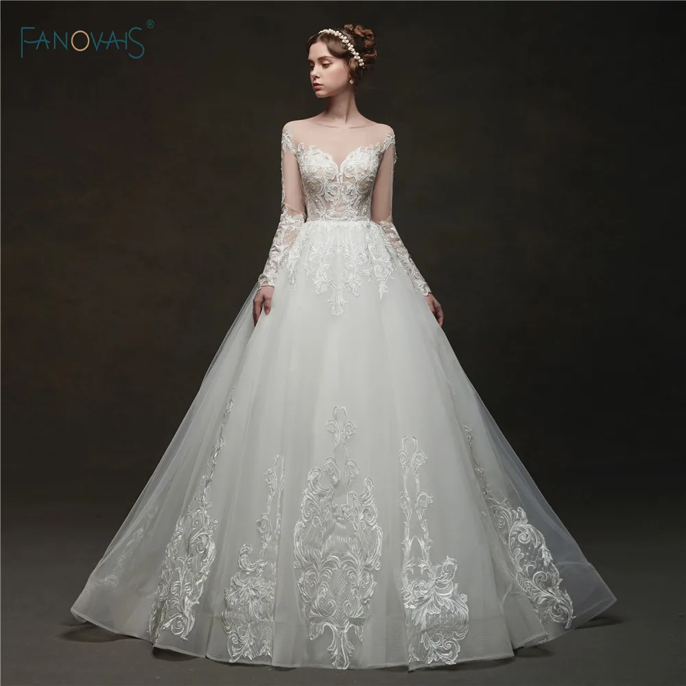

Ivory Wedding Dresses 2019 Long Sleeves Ball Gown Wedding Gown Applique Lace Bridal Dress Wedding Party Vestido de Noiva NW52