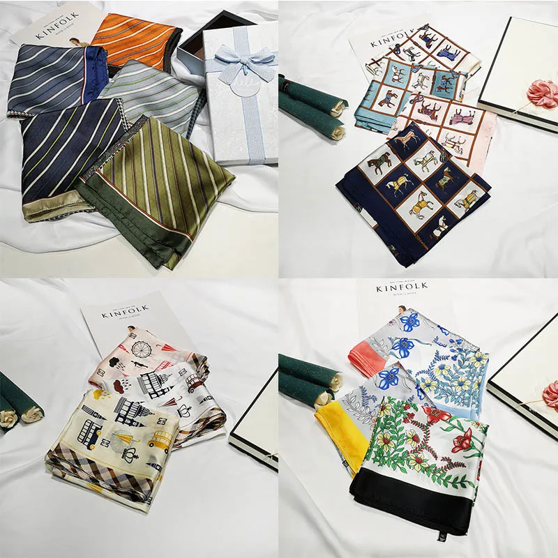 

70cm Woman Silk Scarf Occupational Decorative Small Scarves Flower Gharry Cycle Chain Crane Scarfs Ring Shawls Wedding Gifts