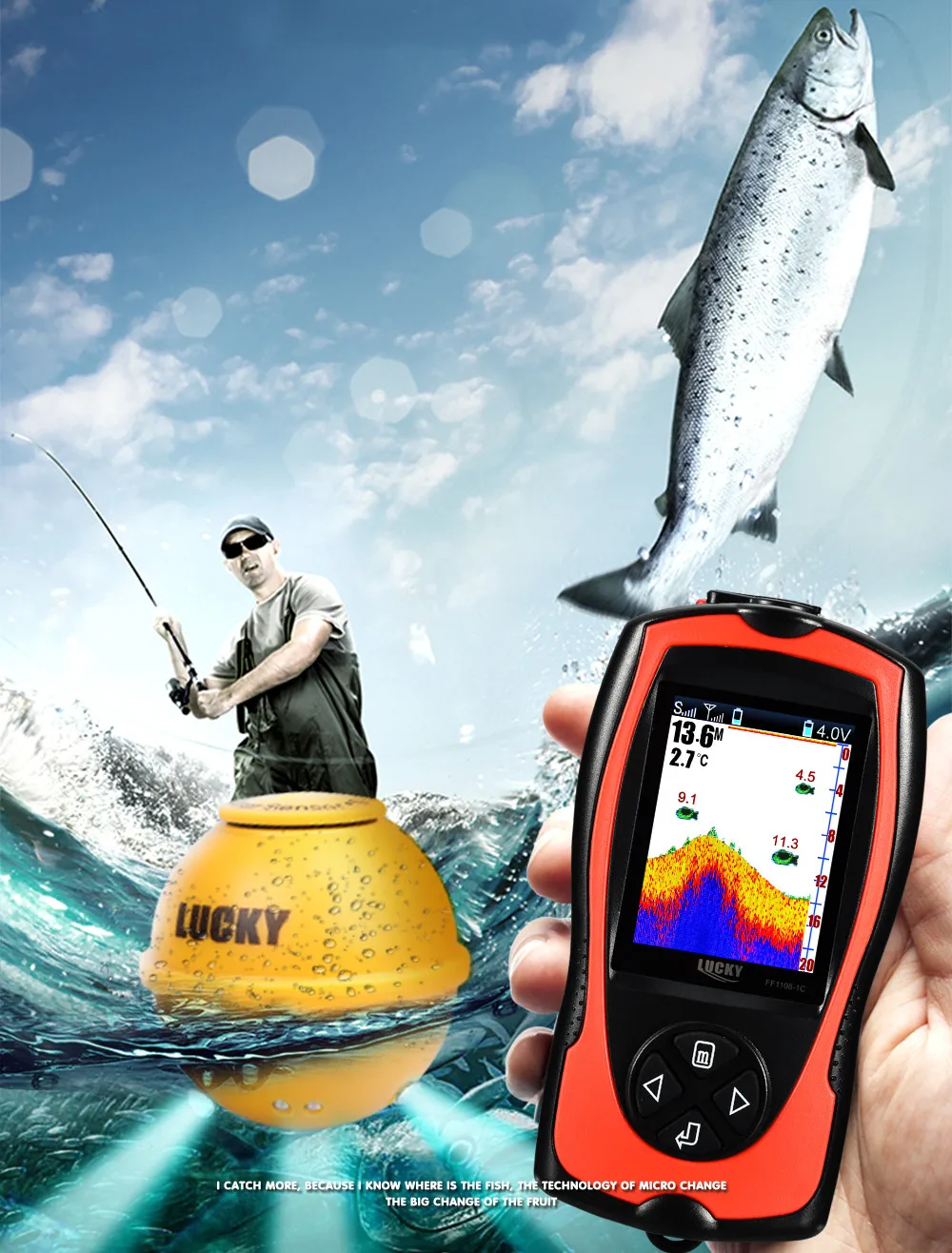 Free Shipping! LUCKY FF1108-1CWLA Rechargeable Wireless Remote Sonar Sensor 45M water depth High Definition LCD Fish Finder (6)