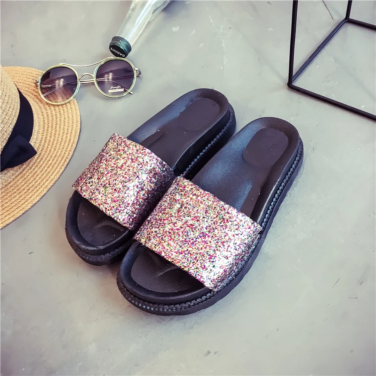 

BOLIYAE 2019 New Women's Summer Home Slippers Flip Flops Peep Toe Sandals Glitter Sandals Platform Ladies Shoes zapatos mujer