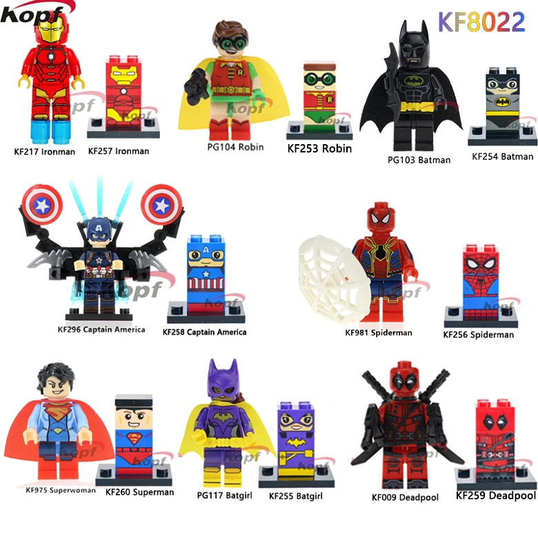 

Single Sale Super Heroes Robin Batman Spiderman Iron Man Captain America Deadpool Building Blocks Children Gift Toys KF8022