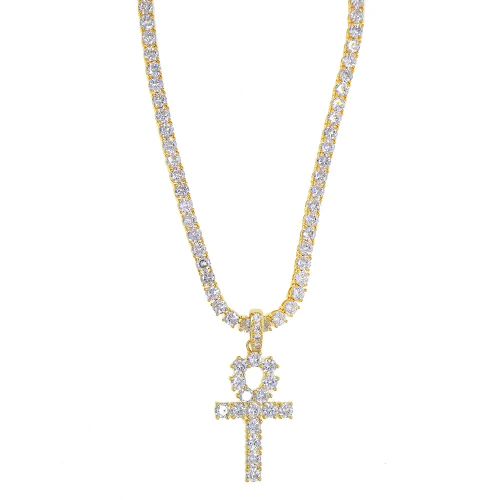 Мужская шикарная позолоченная цепочка в стиле хип-хоп с кубическим цирконием Ankh Key Of Life, ожерелье с подвеской, золотая цепочка для мужчин 60 см
