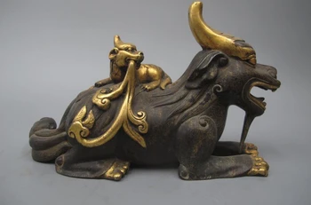 

China Pure bronze 24K Gold Dragon Maternal and Child Unicorn beast Statue