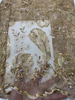 

Nigerian Lace Fabric 2019 gold High Quality African Tulle Lace Fabric With 3D Sequins French Net Lace For Wedding Dress New