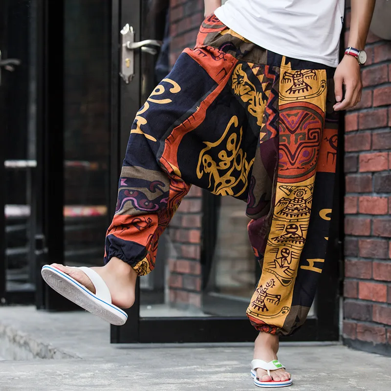 Online Men Baggy Harem Pants Hip hop Cross Pants Joggers Causal Loose Trouser Aladdin Wide Leg Cotton Linen Pants Pantalones Hombre New