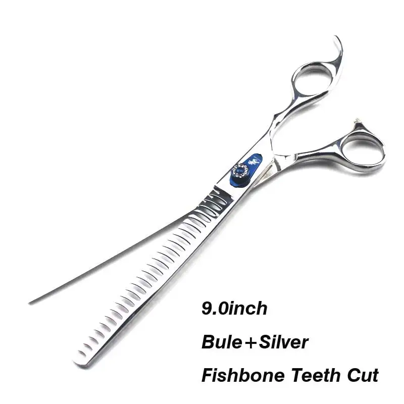 9.0 inch pet hairdressing scissors fish bone cut high-grade pet scissors JP440C material - Цвет: Silver Blue Fishbone