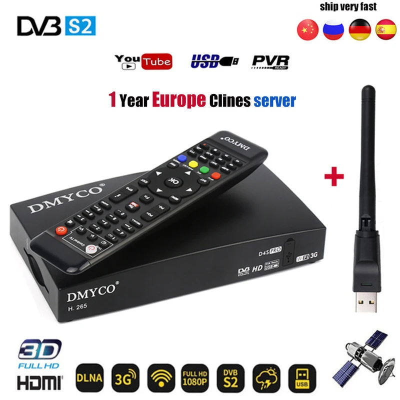 

2018 DVB-S2 D4S Pro Satellite Receiver Full HD 1080P Tuner with USB WIFI Newcamd BissKey Youtube Powervu 1 Year Europe 7 Clines