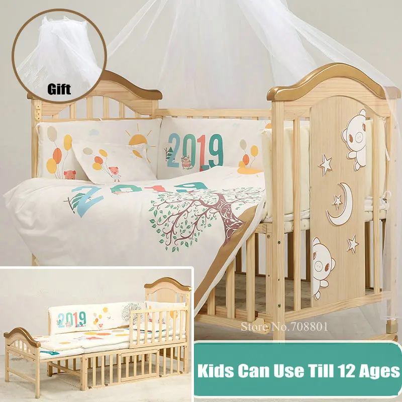 Big Size Kids Bed With Mosquito Net Gift, Pine Wood Baby Crib Can