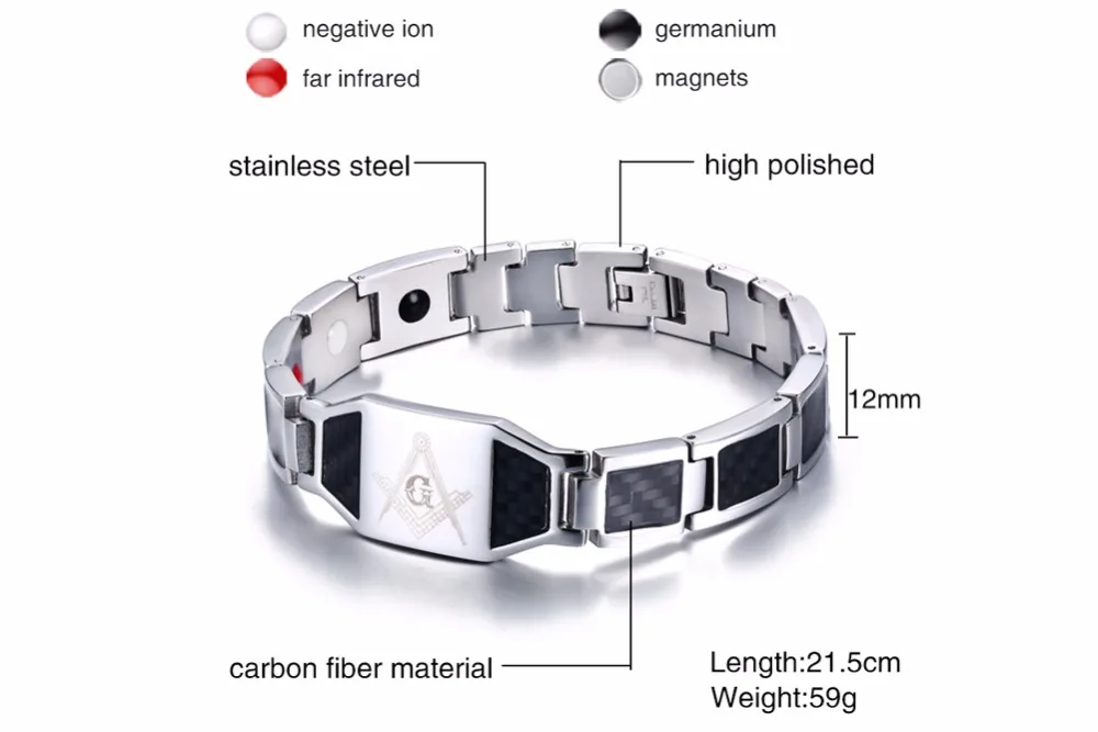 Vinterly черный браслет для мужчин, ручная цепочка, углеродное волокно, нержавеющая сталь, магнитные браслеты и браслеты, масонские модные ювелирные изделия
