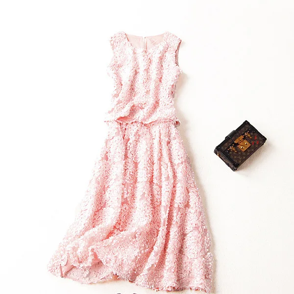 Высококачественная Новая летняя женская модная розовая объемная Цветочная футболка с круглым вырезом+ элегантная сетчатая юбка, комплект из 2 предметов, Conjunto Feminino - Цвет: Розовый