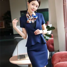Униформа, 2 предмета, модные топы и юбка для женщин, салон красоты, Офисная Рабочая одежда, блейзеры, комплекты с шарфом темно-синего цвета