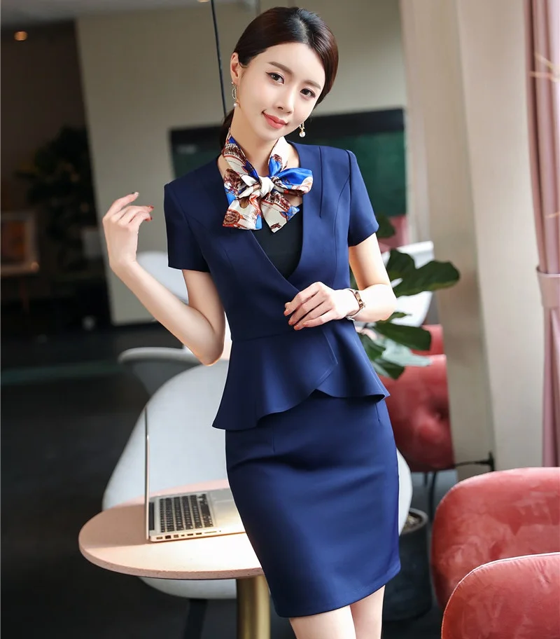 

Formal Uniform Designs 2 Piece Fashion Tops And Skirt For Ladies Beauty Salon Office Work Wear Blazers Sets With Scarf Navy Blue