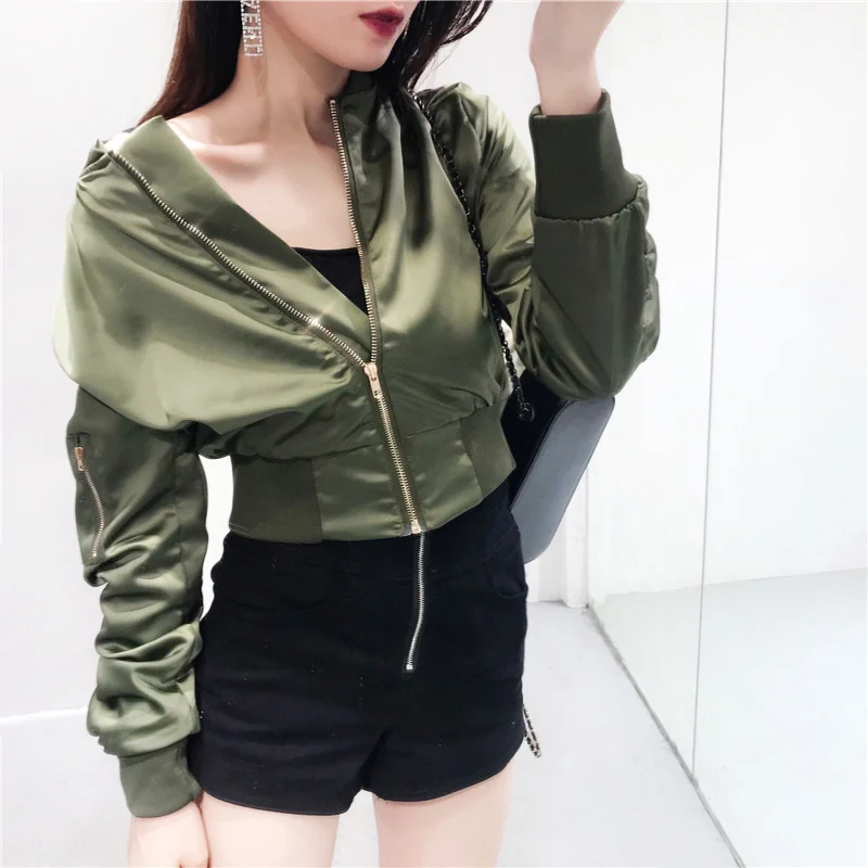 Basic Green Black Metallic Bomber Jacket Coat Women Satin