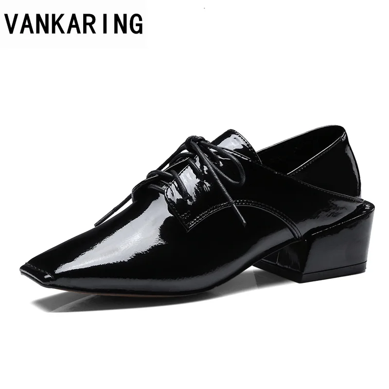 

VANKARING women pumps new sexy fashion latent leather med heels square toe black shoes woman dress casual shoes pumps size 34-39