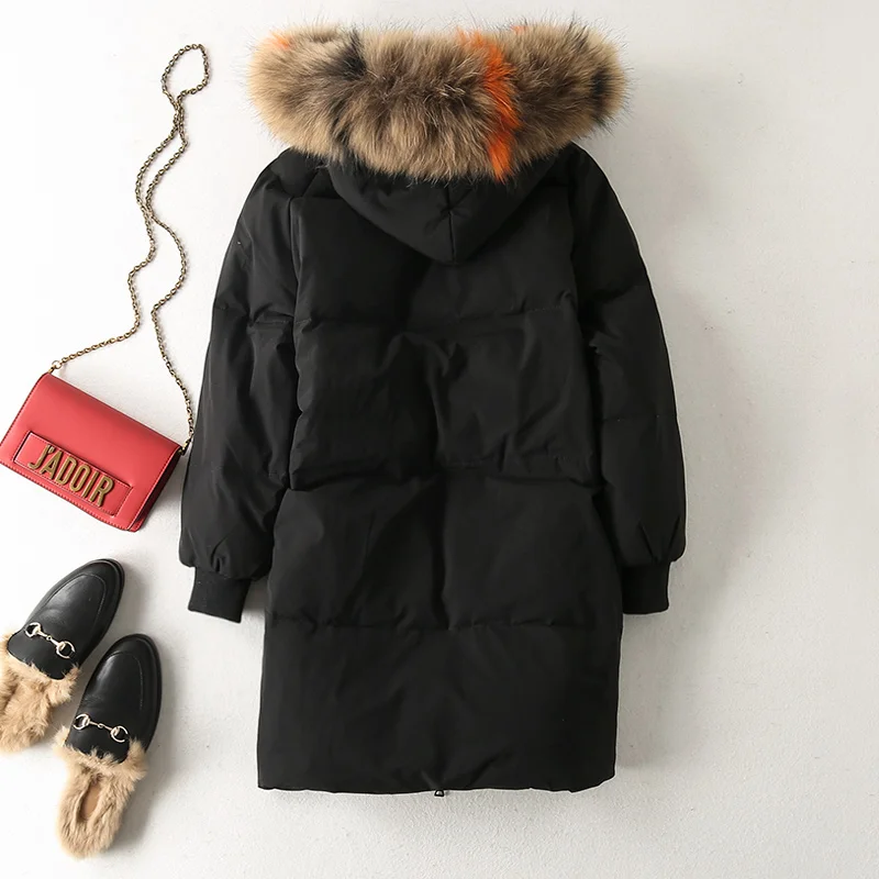 Зимняя теплая Женская куртка на утином пуху с капюшоном большого размера, натуральный мех, воротник, длинные пуховики, парки, женская Свободная куртка, толстая верхняя одежда RH1077
