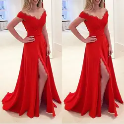 Красный с открытыми плечами Вечерние платья Длинные 2019 vestidos de fiesta noche сбоку разделение кружево шифон вечернее платье