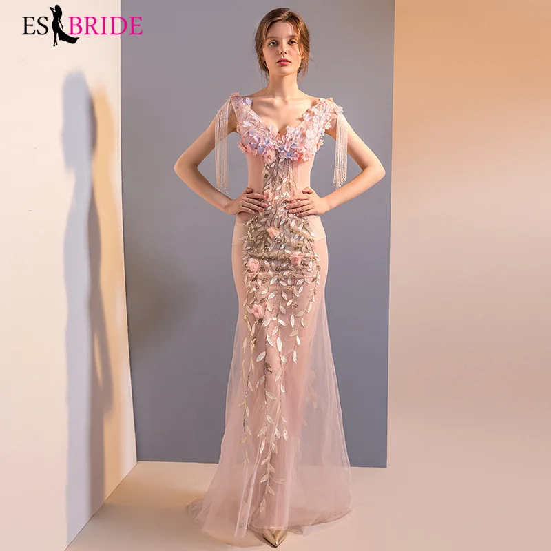 

2019 New Arrival Evening Dress Long Evening Dresses Elegant Sleeveless V-Neck Lace Plus Size Formal Gowns Robe De Soiree ES1238