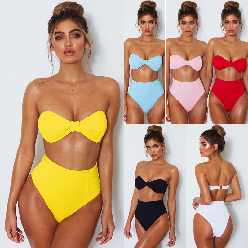 

2018 High Waist Bikini Set Strapless Swimwear Women Summer Swimsuit Push Up Padded Bra Women Bathing Suit Beachwear