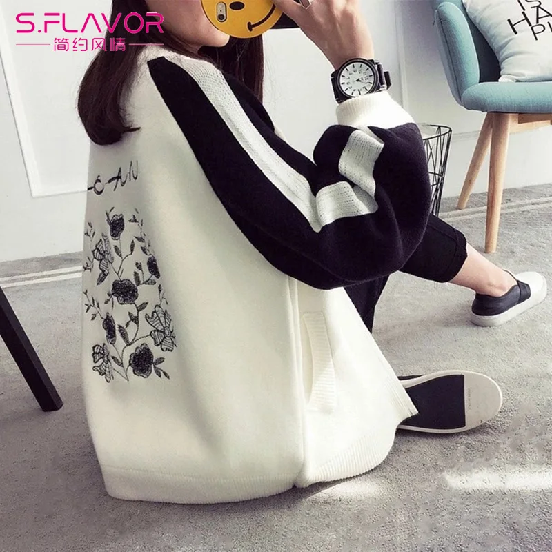 2017Autumn winter Women Sweater Coat Basic Baseball Jackets female jacket Coats Outerwear Patchwork knit Cardigans |