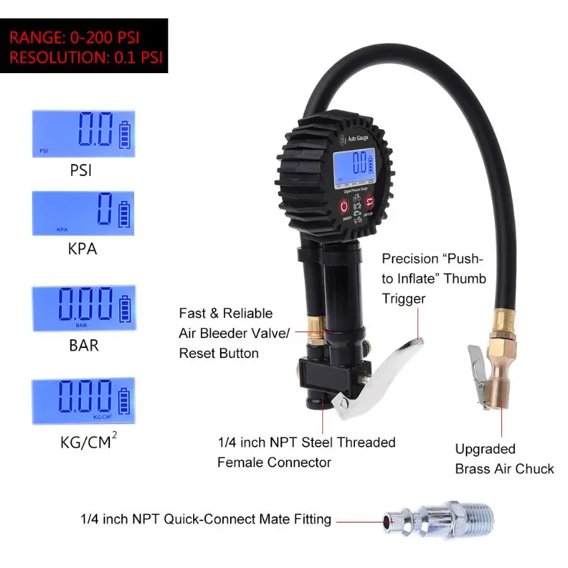 

Digital Tire Inflator Pressure Gauge 200PSI LCD Display Air Compressor Pump Quick Connect Coupler For Car Truck Motorcycle