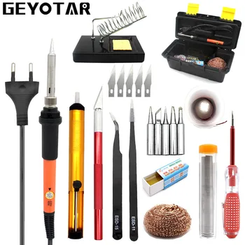 

GEYOTAR EU Plug 220V 60W Adjustable Temperature Electrical Soldering Iron Kit with Tool Box solderwire knife Welding Repair Tool
