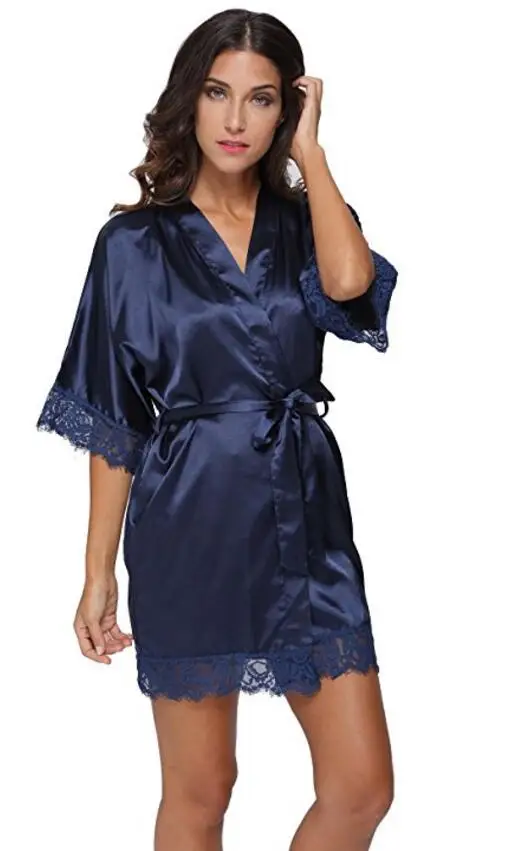 Сексуальный короткий атласный халат для невесты, кружевное кимоно, женская свадебная Пижама, летний женский халат, нижнее белье, домашняя одежда, Femme L3 - Цвет: navy