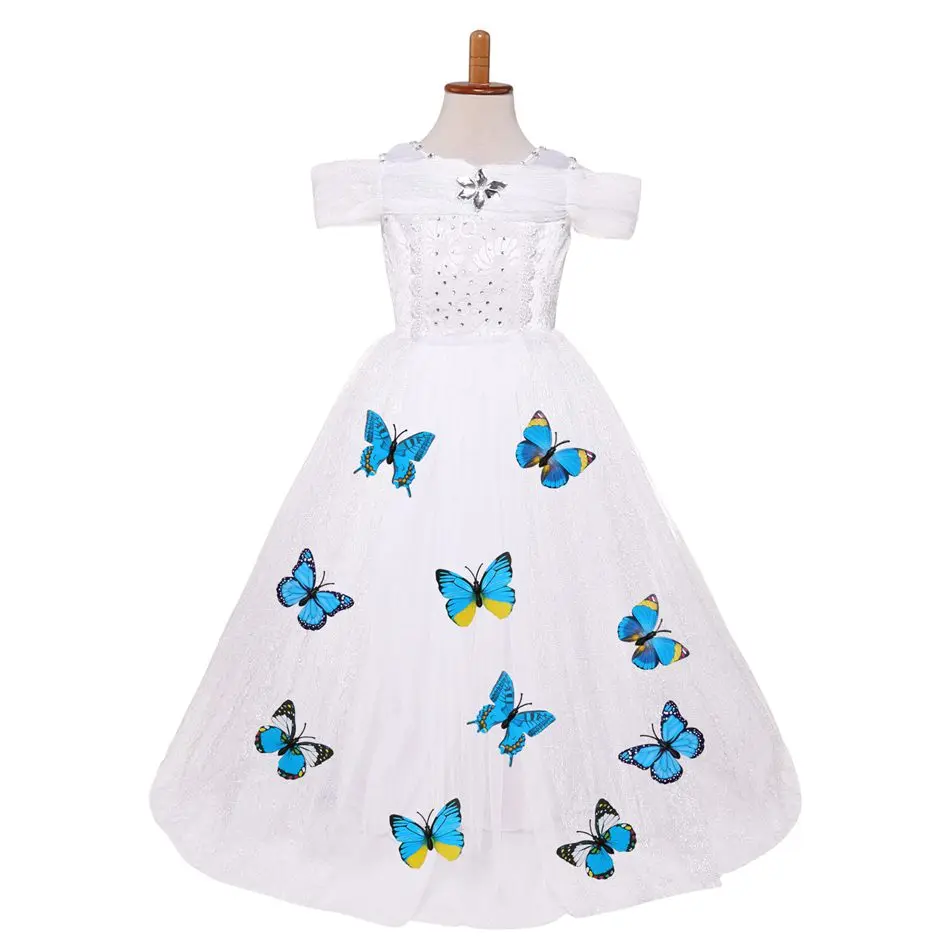 5 цветов, праздничные платья для девочек на свадьбу с цветочным рисунком, костюм бабочки «маленькая русалочка», «Золушка», «Спящая красавица», одежда принцессы - Цвет: White Dress