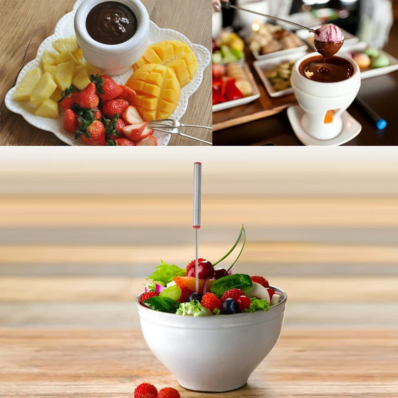 

New Hot 6pcs / Set Stainless Steel Chocolate Fork Hot Plate Cheese Forks Fruit Dessert Fork Fondue Melting Skewer Cooking Tools