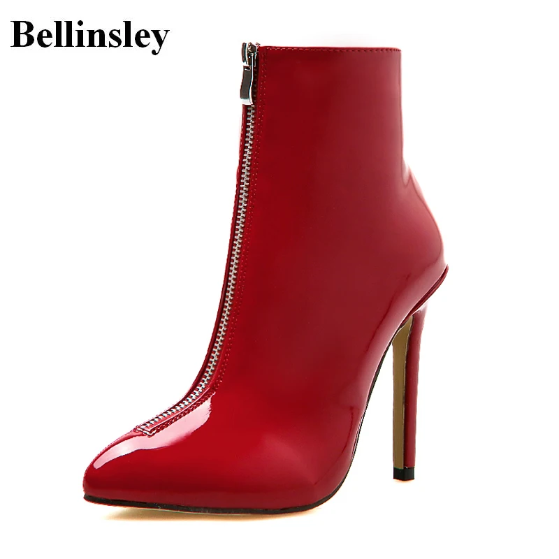 Bellinsley Patent Pu Leather Fashion Red Ankle Boots For Women Sexy