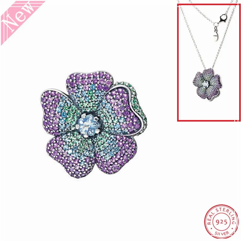 

2018 Spring New Multi-colored Fragaria cut CZ Glorious Bloom Pendant 45cm Long Necklaces for Women Silver 925 Jewelry FLN063