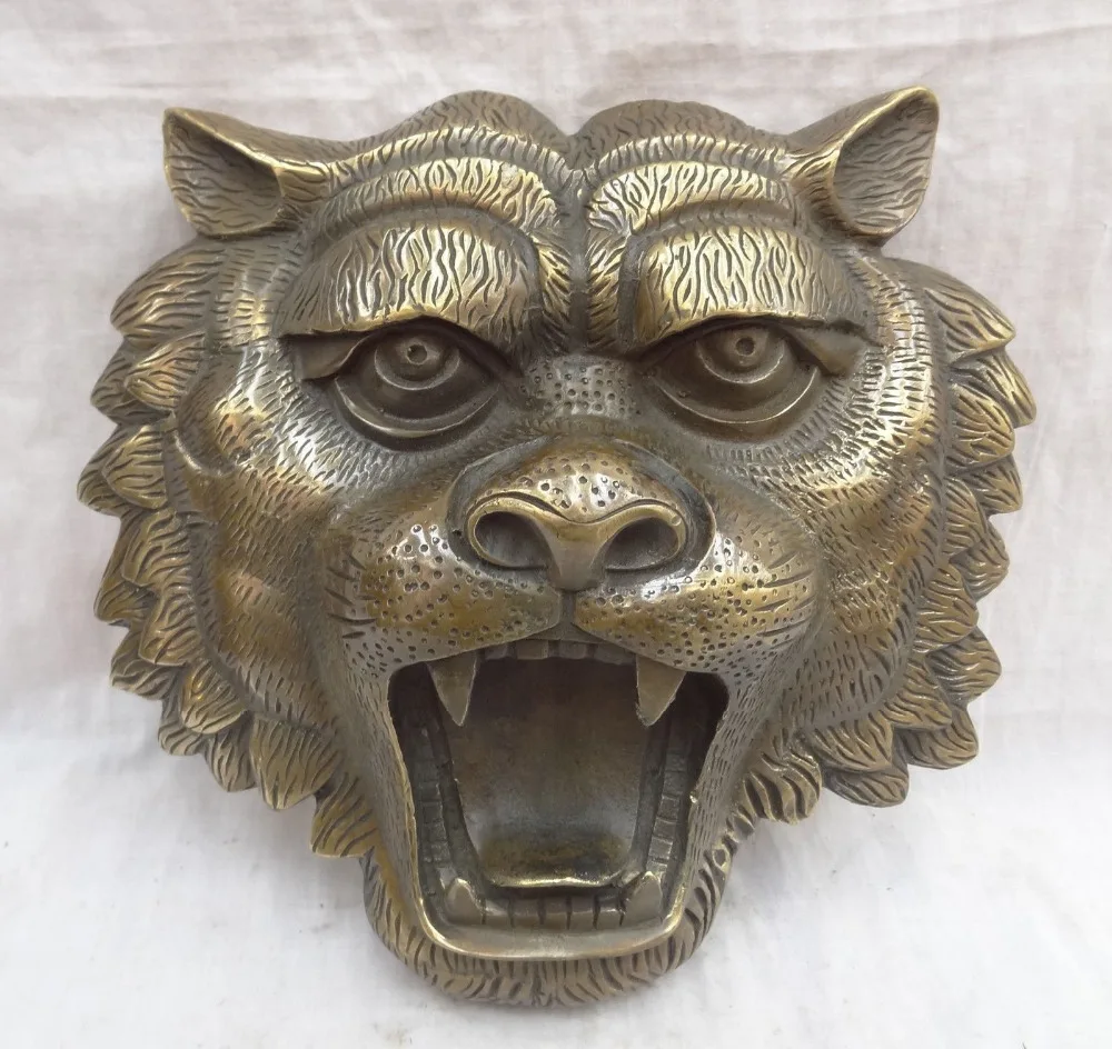 

10" Chinese Bronze Year Zodiac Wealth Wild Tiger Teeth Face Head Mask Statue