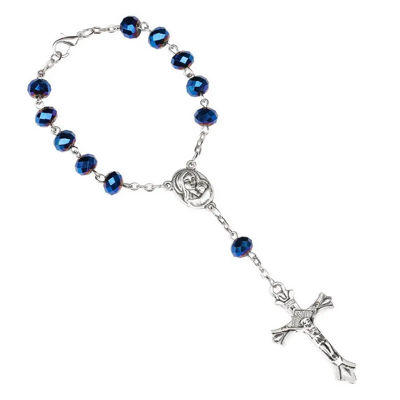 Мужские темно-синие хрустальные бусины четки католическое ожерелье с священной почвой медаль распятие молитва религиозный крест ювелирные изделия женский подарок - Окраска металла: YY66004606 bracelet