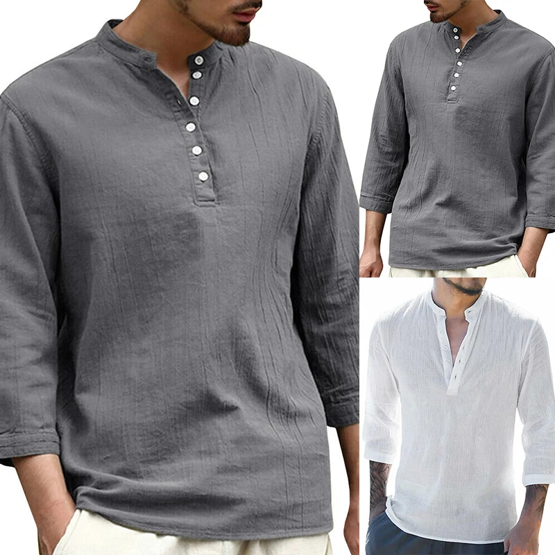 Men Summer Linen Shirt New Fashion Men's Button Retro High Quality V-Neck Tops Mens Clothes 2019 Man Pullover Tops Shirts