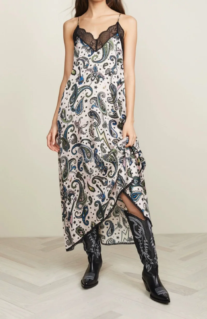 

Viscose 100% Paisley Cashew Print Lace Patchwork Spaghetti Strap Long Dress - 2019 New Women Thin Shoulder Strap Dress