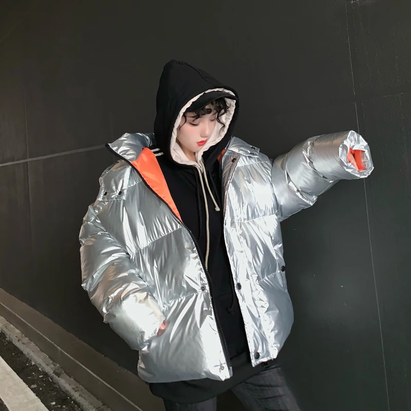 

2019 Spring jacket streetwear parkas New silver shiny oversized coat female loose thick warm woman bomber down jacket top
