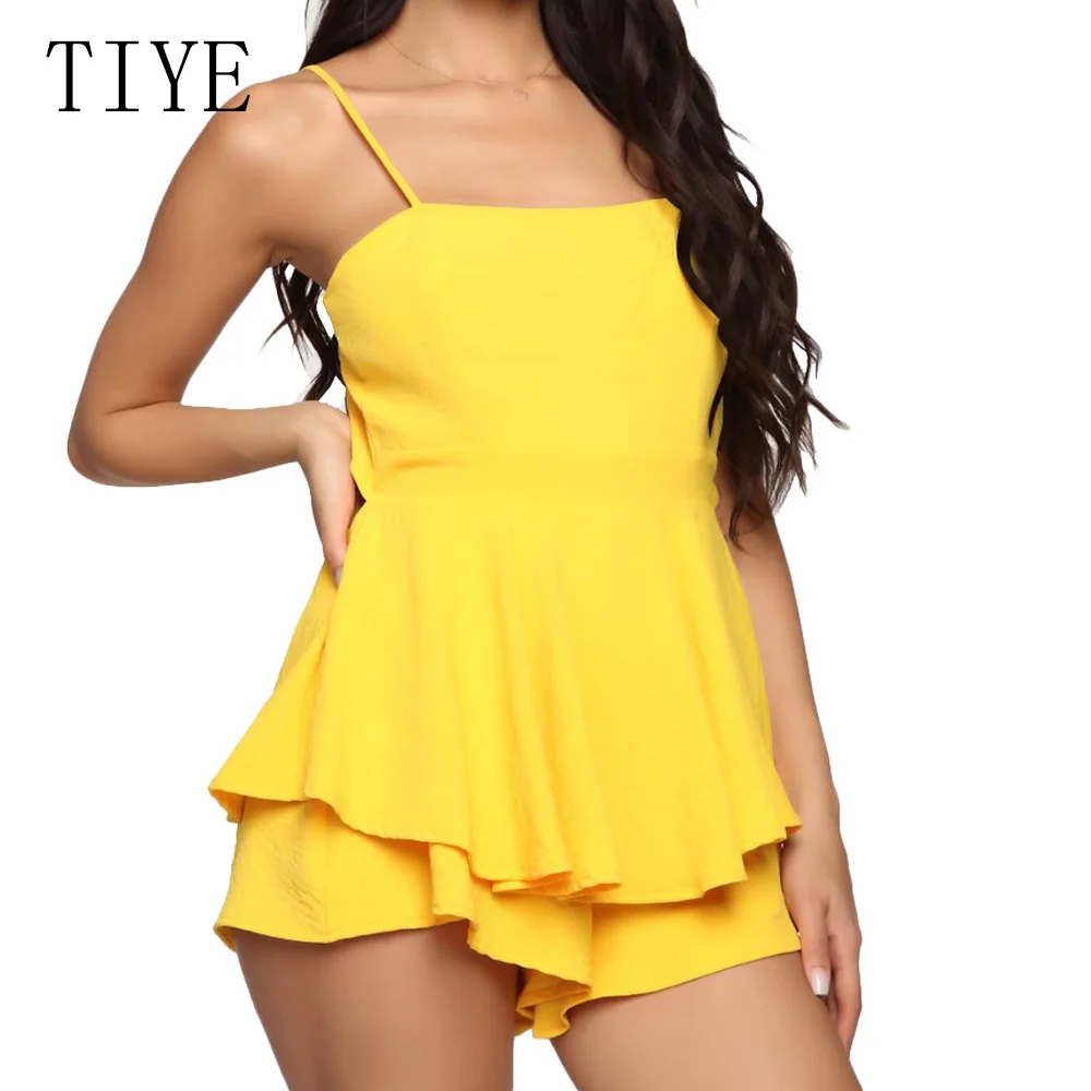 

TIYE Yellow Black Summer Backless Sleeveless Bodycon Feminino Short Jumpsuit Women Elegant Party Plub Playsuit Combinaison Femme