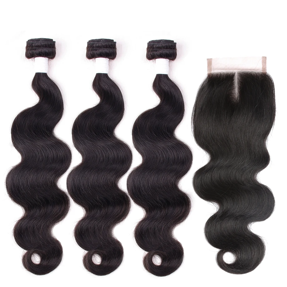 Clover Leaf 100% бразильский человеческих волос, наращивание волос на теле волна 3 Связки с кружевом Закрытие 4X4 натуральный черный 10 -28 дюймов