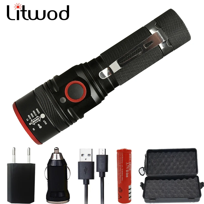 

litwod z20 1511 LED Flashlight XML-T6 4000LM Torch waterproof light Micro USB port lantern 4 Modes Zoomable for Camping Hiking