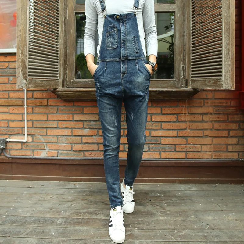 Bib denim overalls for men 2016 Brand long solid blue slim cowboy