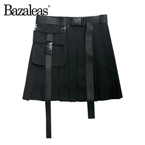 Bazaleas уличная Женская мини-юбка с боковыми карманами в стиле панк, шотландка, красные модные плиссированные юбки с поясом, сексуальные короткие юбки harajuku saia - Цвет: W2559 black