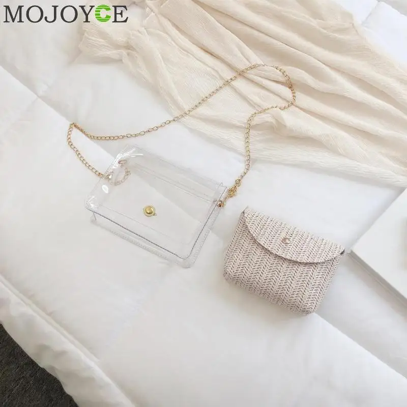 2pcs/set Handbag Transparent Women Hand Bags Chain Straw bag Lady Travel Beach Shoulder Cross Body Bag Holiday