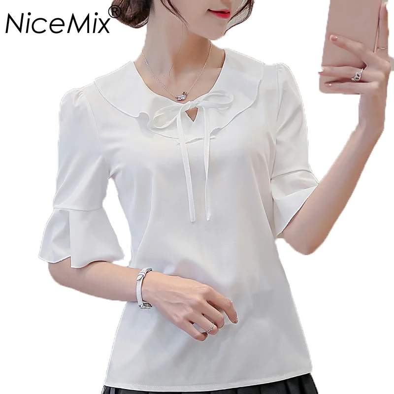 

NiceMix 2019 Summer Sweet Blouse Women Chiffon Blusas Casual Loose Female Shirt Lacing Ruffles Women Tops Vetement Femme